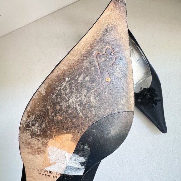 Vintage Sofia Black Satin Pointy Toe Sequin Accent Kitten Heel Hells 36 - Picture 11 of 11